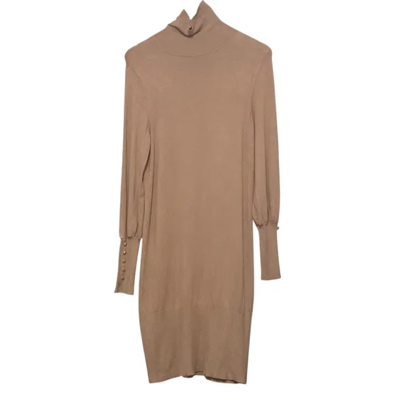 Melanie Lyne Camel Turtleneck Sweater Knit Dress  Gold Button Cuff Size Small - Picture 2 of 8